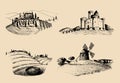 Vector farm landscapes illustrations set. Sketches of castle, villa, windmill etc in fields. Hand drawn countryside. Royalty Free Stock Photo