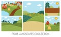 Vector farm landscapes set. Rural village scenes collection. Cute spring or summer vertical nature backgrounds pack. Country field