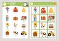 Vector on the farm scavenger hunt cards set. Seek and find game with cute barn, farmer, cow for kids. Rural countryside searching