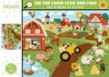 Vector farm searching game with rural village landscape and farmers. Spot hidden rabbits in the picture. Simple on the farm or