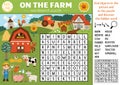 Vector on the farm wordsearch puzzle for kids. Simple farm word search quiz with rural country landscape. Educational activity