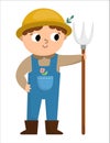 Vector farmer with hayfork icon. Cute kid doing agricultural work. Rural country character. Child gathering hay. Funny farm Royalty Free Stock Photo