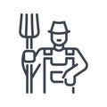 Vector farmer with pitchfork line icon isolated