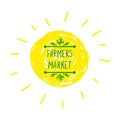 Vector Farmer`s Market Logo on Hand Drawn Sun Background, Icon Isolated.