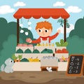 Vector farmer selling fruit and vegetables in a street stall. Cute farm market scene. Rural country landscape. Child vendor in
