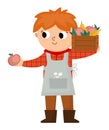 Vector farmer standing with harvest in the wooden box. Cute kid doing agricultural work icon. Rural country character. Child Royalty Free Stock Photo