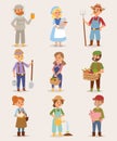 Vector farmers cartoon people with organic village food, flowers and animals. Summer character vegetables garden harvest Royalty Free Stock Photo