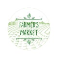 Vector Farmers Market Badge Icon, Hand Drawn Farm Field and Doodle Frame with Handwritten Text.