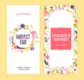 Vector farmers market banners template with frame & round label. Hand drawn sketch raw vegetables. Royalty Free Stock Photo