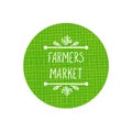 Vector Farmers Market Logo Template, Green Textured Circle and Hand Drawn Letters in Vignette with Stilyzed Doodle Leaves. Royalty Free Stock Photo