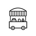 Vector farmers market stall icon vector. Line fruit and vegetable cart shop symbol illustration. Local farm food stand logo backg