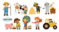 Vector farmers set. Cute kids doing agricultural work. Rural country scenes. Children gathering hay, feeding animals, beekeeping, Royalty Free Stock Photo