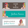 Vector fashion banners with woman wearing colorful wig