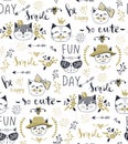 Vector fashion cat seamless pattern. Cute kitten illustration in Royalty Free Stock Photo