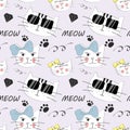 Vector fashion cat seamless pattern. Cute kitten illustration in sketch style Royalty Free Stock Photo