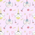 Vector fashion cat seamless pattern. Cute kitten illustration in sketch style Royalty Free Stock Photo