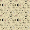 Vector fashion cat seamless pattern. Cute kitten illustration in sketch style. Cartoon animals background. Doodle kitty Royalty Free Stock Photo