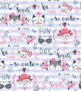 Vector fashion cat seamless pattern. Cute kitten illustration in