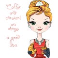 Vector fashion girl with coffee and croissant