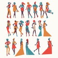 Vector fashion girls in different apparel - evening dresses, casual look, various poses and accesories. Bright illustration for vo