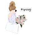 Vector fashion glamour illustration of dirl holding bouquet of flowers. Tender woman with roses spring portrait. Beautiful floral