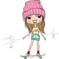 Vector fashion hipster baby girl on the skateboard Royalty Free Stock Photo