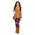 Vector fashion illustration. Autumn style poster with glamour woman in boots, jeans, sweater sketch. Glamour Model print