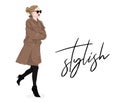 Vector fashion illustration: girl in beige coat and sunglasses. Spring Autumn model drawing poster. Magazine stulish