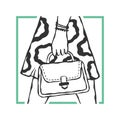 Vector fashion illustration of a girl in a trendy flared skirt with an abstract pattern and a small handbag in her hand. Casual