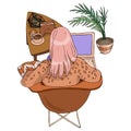 Vector fashion illustration girl view from the back with coffee and notebook sitting on a chair in cafe in pink and light brown