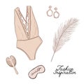 Vector fashion illustration. Lingery set, angels brush, feather and face mask - glamour sketch. Flatlay sexual hand drawn elements