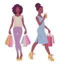 Beautiful black african american women with shopping bags wearing elegant classic outfits. Royalty Free Stock Photo