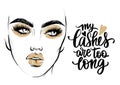 Vector fashion poster with lashes quote and woman portrait with golden makeup.