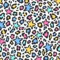 Fashion seamless pattern with leopard fur and stars. Colorful animal skin on white background Royalty Free Stock Photo