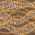 Fashion trendy seamless pattern with gold chains and leopard skin on brown background