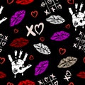 Vector fashion sketch. Glamour seamless pattern with red lips, xoxo, hearts.Girlish print for clothes, textiles Royalty Free Stock Photo