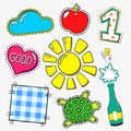 Vector fasion patch set on white background. Cartoon pin with sun, apple, one, turtle, heart, good. Royalty Free Stock Photo