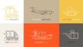 Vector fast delivery service logo design elements in linear style. Set of flat trucks, airplane and ship in boxes of