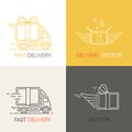 Vector fast delivery service logo design elements in linear style. Set of flat trucks and the parcels ship in boxes of Royalty Free Stock Photo