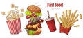 Vector fast food: burger, french fries, popcorn, drink.