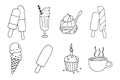 Vector Fast Food set doodle illustrations icons food delivery black line minimalistic simple for website graphic design Royalty Free Stock Photo