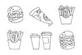 Vector Fast Food set doodle illustrations icons food delivery black line minimalistic simple for website graphic design Royalty Free Stock Photo