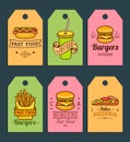 Vector fast food tags. Burgers, hot dogs, fry potato,pizza etc. illustrations. Hand drawn quick meals labels collection.