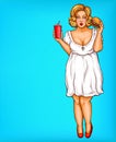 Vector fat, obese blonde woman, obesity from fast food concept in pop art. Plus size model in white dress with hamburger