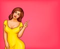 Vector fat, obese brown-haired woman, pop art xxl, plus size model in yellow dress pointing a finger at discounts, sale