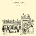 Vector Fatehpur Sikri postcard. Agra District of Uttar Pradesh, India. Shahi Darwaza of the Jama Masjid mosque. Heritage building