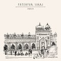 Vector Fatehpur Sikri postcard. Agra District of Uttar Pradesh, India. Shahi Darwaza of the Jama Masjid mosque. Historical