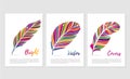 Vector feathers with vibrant color. Posters set with bright rainbow gradient.