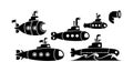 Submarine vector silhouettes with periscopes and propellers in black and white design for nautical theme Royalty Free Stock Photo