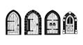Medieval wooden doors with stone arch frames in black and white vector design for architecture and design projects Royalty Free Stock Photo